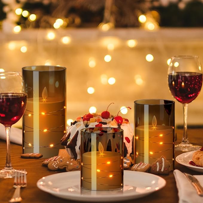 Wondise Flameless Flickering Candles with Embedded Star String Lights, Battery Operated with Moving Wick Acrylic LED Candles with Remote for Home, Wedding, Halloween, Christmas Decor