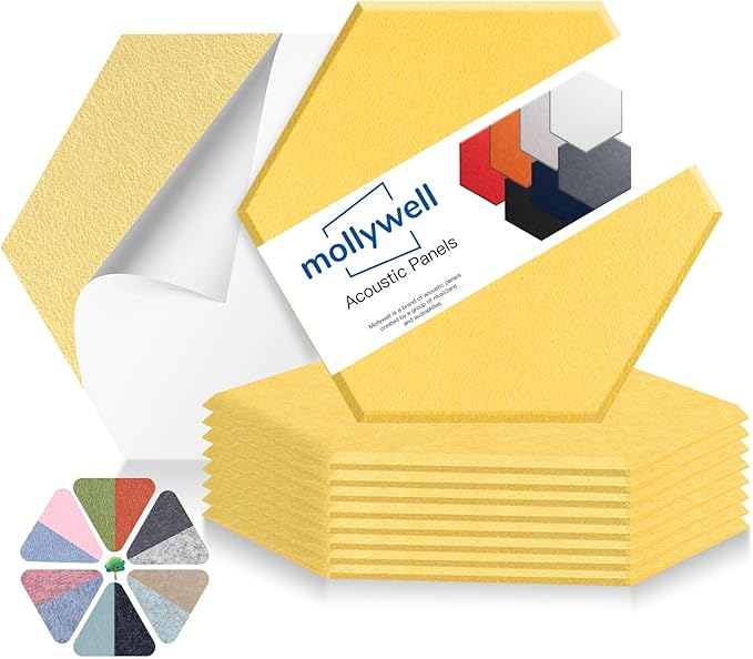 Mollywell Hexagon Acoustic Panels 14x12 - Reduce Echo & Reverb, Noise Blocking Wall Tiles for Studio & Creative Space, Yellow Sound Absorbing Panels