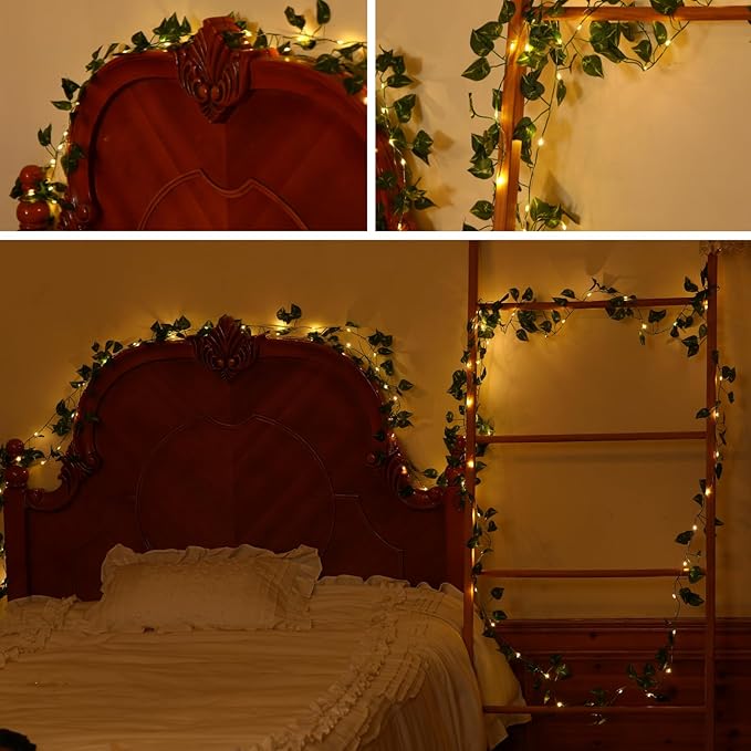 Extra Length 40ft 120 LED Vine with Fairy Lights Pothos String Lights USB Plugin & Battery Operated Leaf Lights with Timer 8 Modes Remote Decorative Light for Bedroom Wedding Party - Warm White