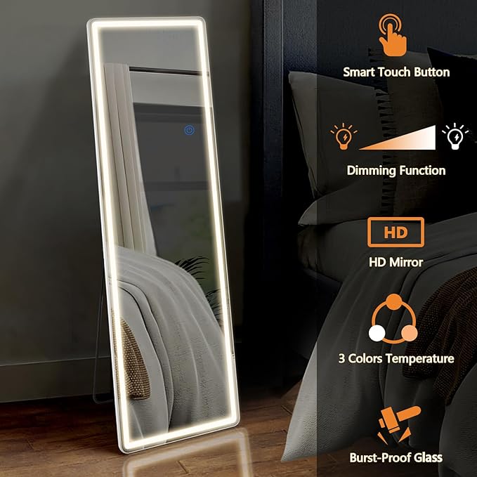 Sweetcrispy Full Length Mirror with LED Lights, 71.3"x26.5" Lighted Floor Mirror with Dimming & 3 Color Lighting, Stand for Bedroom, Dressing Room