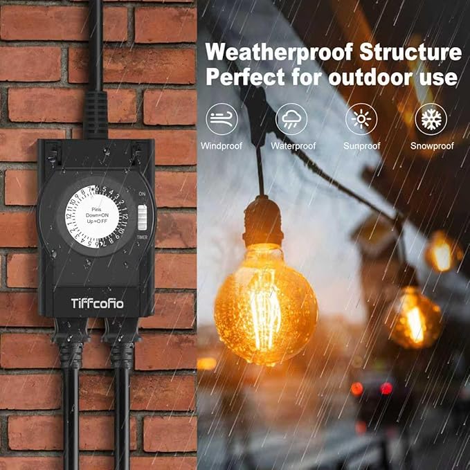 TiFFCOFiO Digital Outdoor Timer Outlet Waterproof, Dial Programmable Method, 2 Grounded Electrical Outlets for Pool Pump and Lights, 6 Sets of Programs, 15A/1875W (Mechanical, 2 Packs)