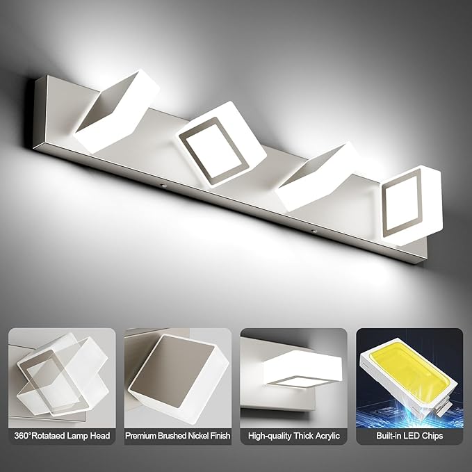 Ralbay Brushed Nickel Bathroom Vanity Lights 30inch Metal Acrylic LED Modern Bathroom Wall Lighting Fixtures Over Mirror Brushed Nickel (White Light 6000K, Non-dimmable)