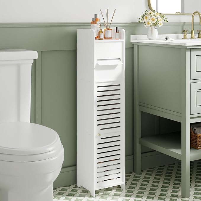 VECELO Storage Cabinet for Small Spaces,Bathroom Cabinet with Toilet Paper Scroll, Short Corner Cabinet with Farmhouse Style Door for Bathroom Space,White