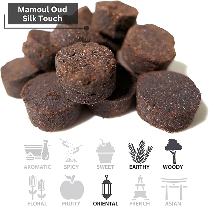 Mamoul Oud Silk Touch 80g Incense | Use with Charcoal Bricks or Oud Electric Burner (بخور) | Meditation Decor & Stress Relief Arabian Home Fragrance | Incense Tablets for Car (Disk Form) | Eid Gifts