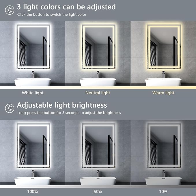 Led Bathroom Mirror with Light 24"x32" Frameless Lighted Vanity Mirror Wall Mount, Fogless, 3 Color Mode, Stepless Dimmable Front Light and Backlit, Smart Touch Sensor, Tempered Glass