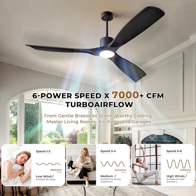 Modern Smart Ceiling Fan with Light and Remote Control, 52 inch Black 3 Blade for Bedroom, Living Room and Patios
