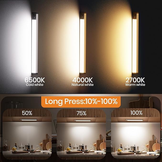 13.5Inch Under Cabinet Lighting, 3200mAh Under Cabinet Lights Motion Sensor 3 Color, Rechargeable 118LED Magnetic Light Bar Indoor,Wireless Battery Operated Closet Lights for Kitchen Home Stairs,2Pack