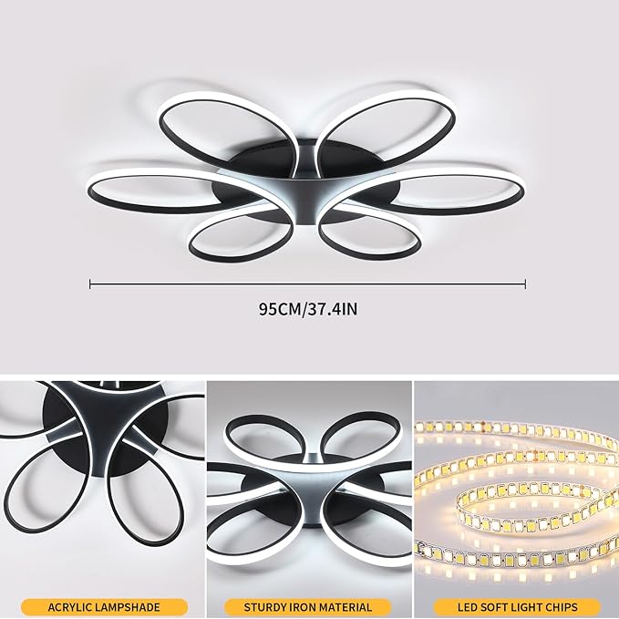 Modern LED Ceiling Light Fixture Black Flush Mount Ceiling Lamp with Remote Control Dimmable 6 Rings Flower Shaped Ideal for Living Room Bedroom Dining Room Kitchen(95CM/37.4IN)
