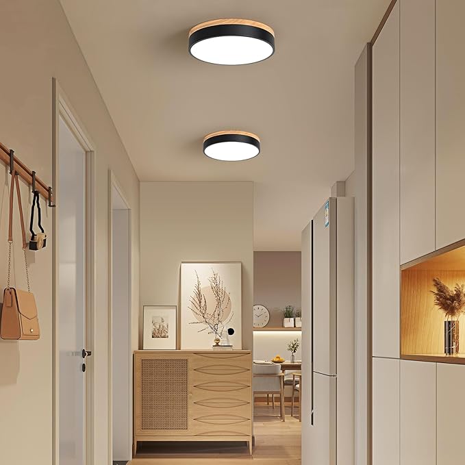 Modern Wood Oak Black Flush Mount Ceiling Light Dimmable LED Ceiling Light Fixture 2700K-6000K 5CCT Minimalist Circle Close to Lighting Lamp for Kitchen Bathroom Bedroom Laundry Room, 11.8''