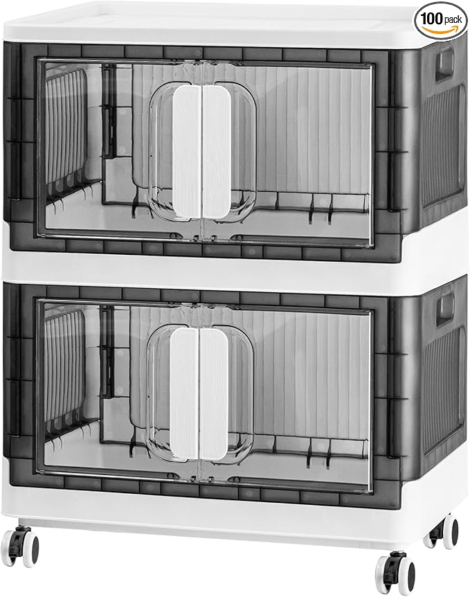 Folding Storage Organizer with Silent casters | Stackable Design for Home & Office, Heavy-Duty Plastic Storage Bin with Clear Door, 3 Sizes (19.5/23.5/27.5in),Black/White (19.7" 2 layer, White)