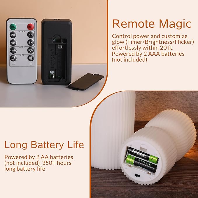 White Ribbed Flameless Pillar Candles with Remote, Real Wax Flickering Battery LED Candles Set of 2