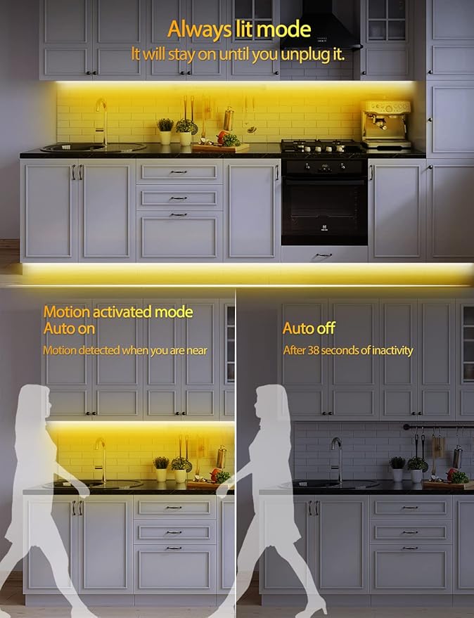 Daymeet Motion Sensor Lights Indoor, 16.4ft Motion Activated LED Strip Lights Under Bed Light, Night Lighting 3000K Warm White Under Cabinet Light for Hallway, Bedroom,Kitchen (NO APP)