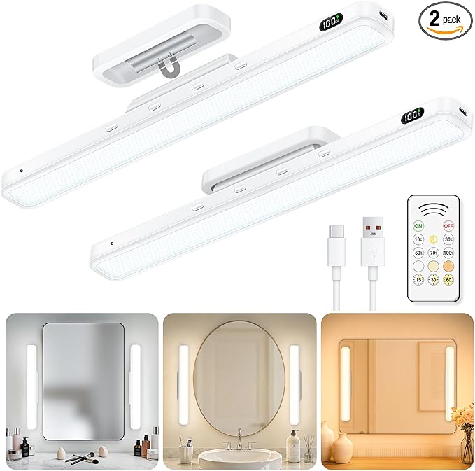 WILLED 5W Mirror Lights with Remote Control,Eye-Friendly Vanity Lights Stick on,Adjustable Color Temperatures Makeup Light with Battery Level Display,Rechargeable Light bar for Bathroom(2 Pack)