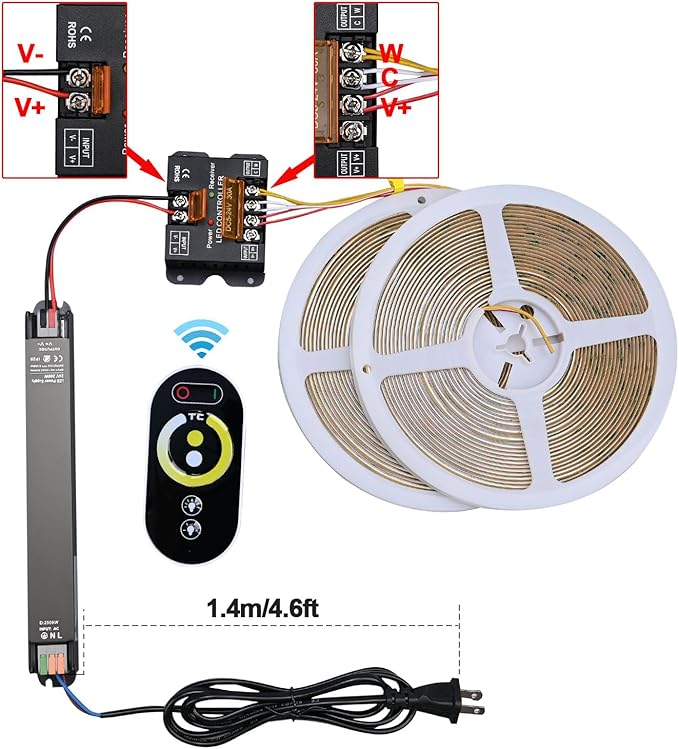 GOMING CCT COB LED Strip 24V 65.6ft/20M(2pcs X 32.8ft) 2700K-6500K Tunable White with 24V 200W Power Supply and Controller 576LEDs/M CRI 93+ Flexible IP20 Not Waterproof LED Tape Lights for Home Decor