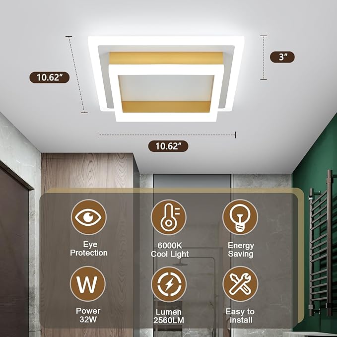 32W Flush Mount Modern LED Ceiling Lights, Gold Small Hallway Ceiling Light, Cool White 6000K Acrylic LED Ceiling Light Fixtures, Close to Ceiling Lights for Bedroom Dining Room Kitchen Bathroom