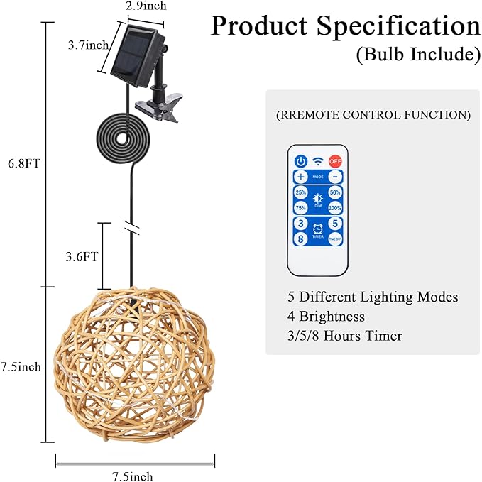 Solar Pendant Lights Outdoor Chandelier 7.5" Outdoor Rattan Solar Fairy String Hanging Lights Ball with Remote 4 Modes Lighting Waterproof Rattan Lantern Lighted Orb for Garden Porch Patio