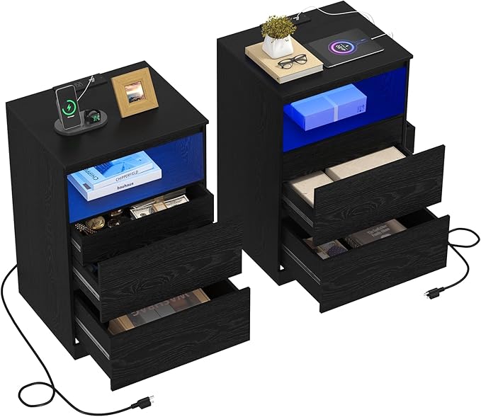 Nightstand Set of 2 with LED Lights, 26" H with Hidden Drawer,Bedside Table with Charging Station, 3 Drawers, Modern Night Stand for Bedroom, Black