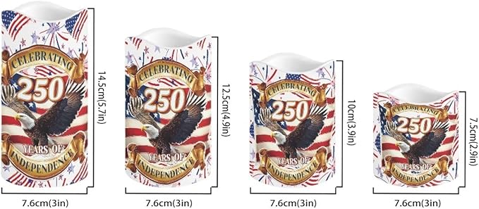 Independence Day Flameless LED Candles Patriotic Floral Design Warm Lamp America 250th Battery Operated Flickering Timer Candle Aesthetic Cozy Minimalist Home Decor, 4 Pack