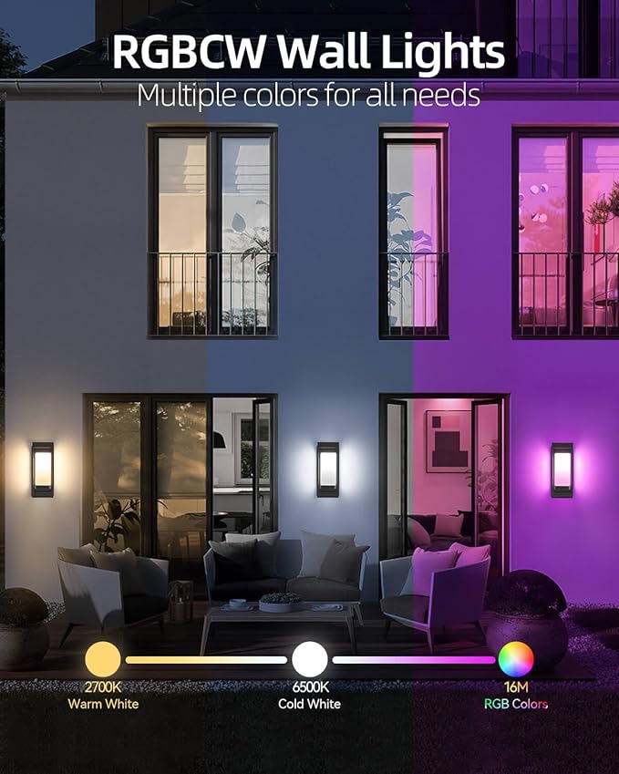 RAYVO Smart Outdoor Wall Light, RGB Color Changing Sconce with App & Voice Control, Dusk to Dawn Outdoor Lighting, Adjustable 2700K–6500K, Waterproof Exterior Light Fixture for House Porch Garage