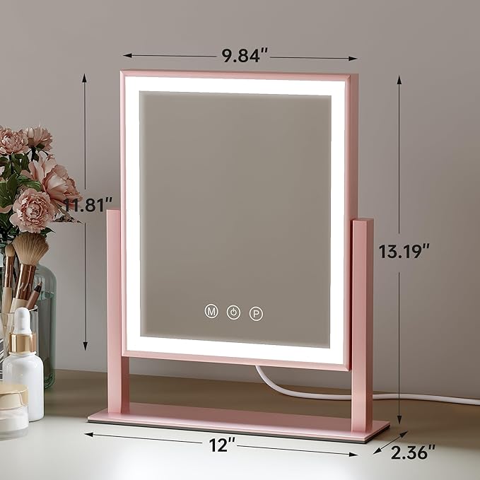LED Lighted Vanity Mirror 11.81"x13.38" - Sensitive Smart Touch, 3 Dimmable Modes, 360° Smooth Rotation Desk Makeup Mirror Pink