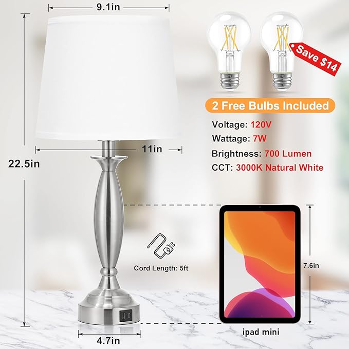 White Lamps for Bedrooms Set of 2 - Touch Control Bedside Lamp with USB C+A, 3 Way Dimmable Nightstand Lamps with USB Port, Table Lamp for Living Room(White Shade and Nickel Base)