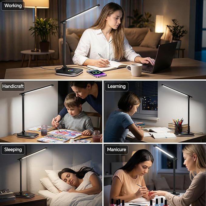 Bright LED Desk Lamp for Office Home, 10%-100% Stepless Dimmable & 5 Color Temperatures, Eye Caring Desk Light for Office, Study, Craft, Puzzle, Nail, Sewing | USB Charging | 45 Min Timer | RGB