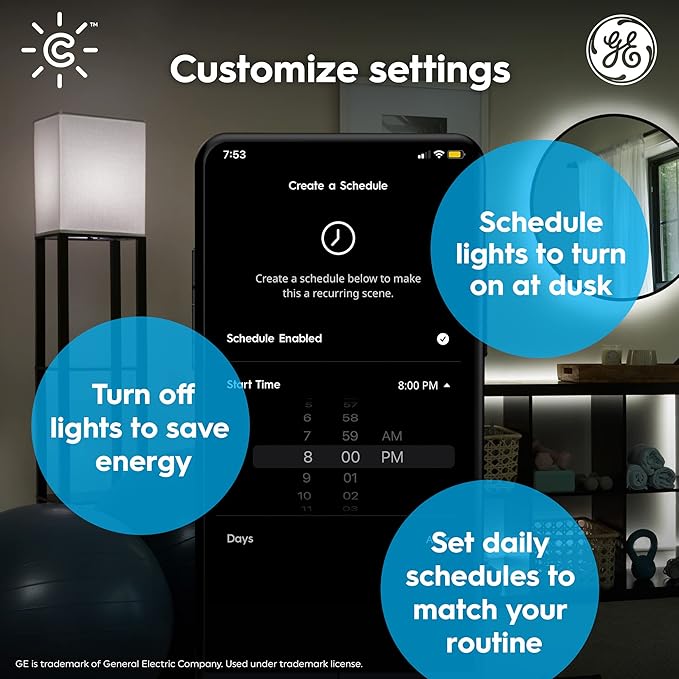 GE Lighting CYNC Smart Tunable White A19 LED Light Bulb, 60W Replacement, Bluetooth/Wi-Fi Enabled, Alexa + Google Home Compatible Without Hub, 2-Pack (Packaging May Vary)