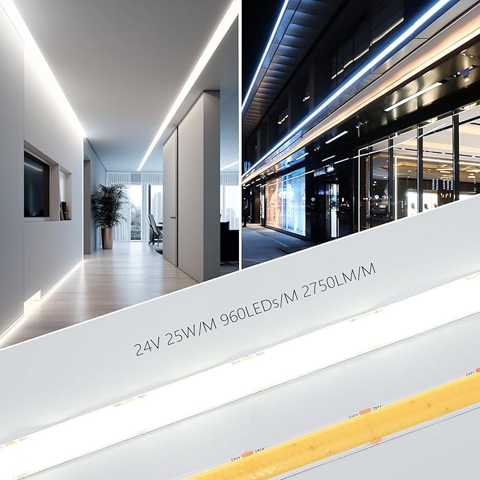 24V 15MM Wide COB LED Strip Light 32.8ft (2 Rolls of 16.4ft), 6000K Cool White Super Bright 25W/M 2750LM/M CRI 92 LED Tape Lights with Power Supply for Living Room Commercial
