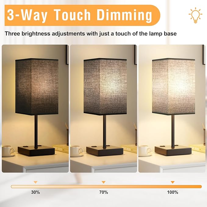 aooshine Plus Set of 2 Black Lamp for Nightstand - Touch Lamps for Bedroom, 3000K White Light for Living Room, Bedside Table Lamp for Men