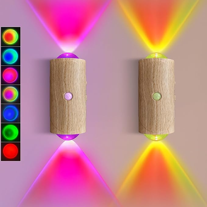 LED Wall Mounted Lights 2 Pcs,Battery Operated Wall Sconce with Motion Sensor, Up/Down Lighting Design 1500mAh Rechargeable Cordless Wall Lights for Indoor Bedroom Hallway (Light Wood Color)