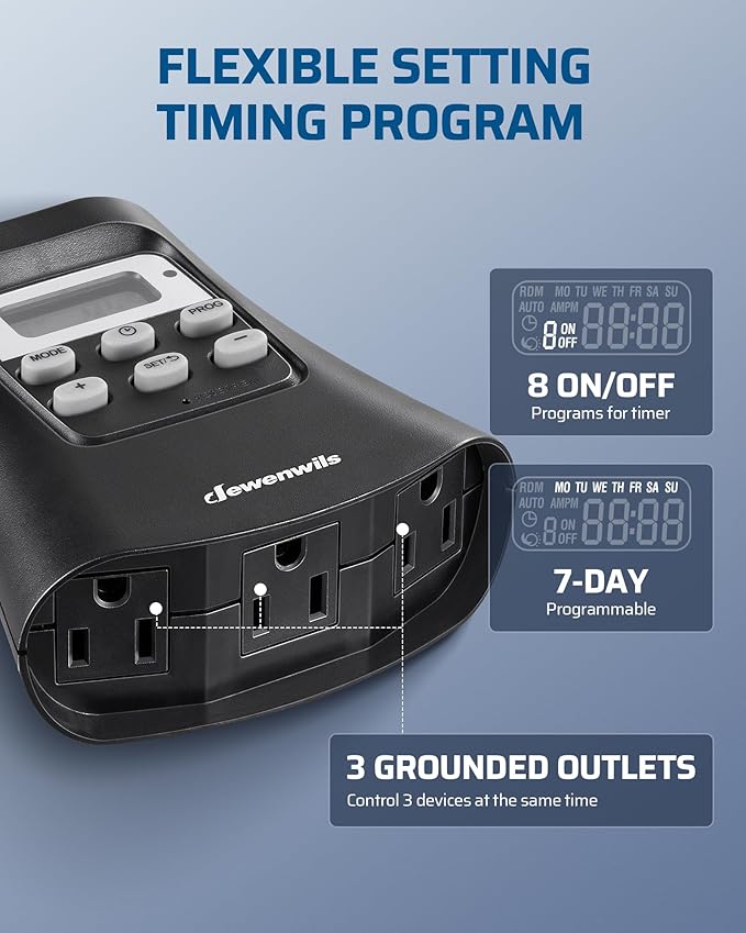 DEWENWILS Outdoor Digital Timer for Lights, 7-Day Programmable Plug in Timer with 3 Grounded Outlets for Landscape String Light, 15A, 1/3 HP UL Listed