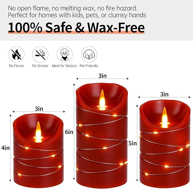 Red Rechargeable LED Flameless Candles 3-Piece Set (4/5/6 Inches) - Real Wax with String Lights, Remote Control & Timer, Safe Realistic Flames for Christmas/Halloween Holiday Home Decorations