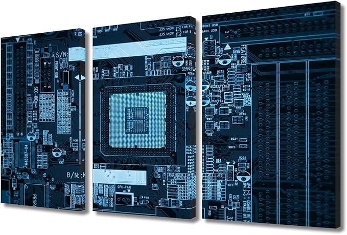 TUMOVO 3 Panels Technology Wall Decor Modern GPU Card with Circuit and Colorful Lights Office Decor CPU Concept Pictures Black and White Wall Art Posters and Prints Framed Ready to Hang(24" Wx36 H)