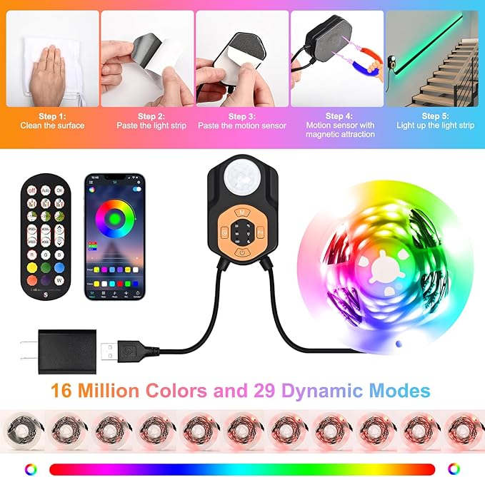 Motion Sensor LED Light Strip Indoor 19.68ft/6M, Under Bed Lights RGB Color Changing | Music Sync | App & Remote Control | ETL Listed Adapter Dimmable | Night Lights for Bedroom, Stair, Cabinet Decor