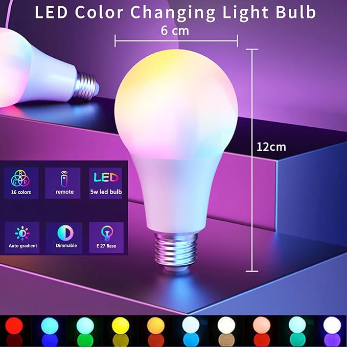 Color Changing Light Bulbs, 5W A19 RGB LED Light Bulbs with Remote Control & Memory Function - 16 Colors, 6500K White, E26 Screw Base, Dimmable Multicolor Light Bulb for Bedroom, Party, Home Decor