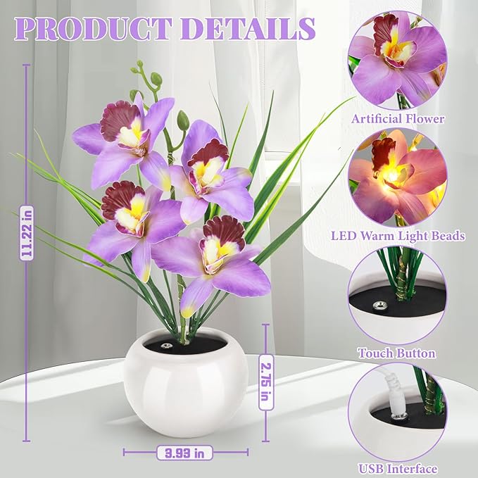 Artificial Flower Night Light, Touch Stepless Dimming USB Rechargeable Orchid Flower with Vase Lamp, LED Table Lamp Decorative Landscape Lights for Festival Party Home Decor (Purple)