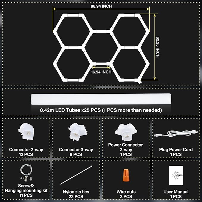 ALLYES Hexagon LED Garage Lights, 24000LM 5000K 200W Honeycomb LED Ceiling, Upgraded Wider Size Light Tube, Hex Shop Lights for Car Detailing Shop Office Gym Barber