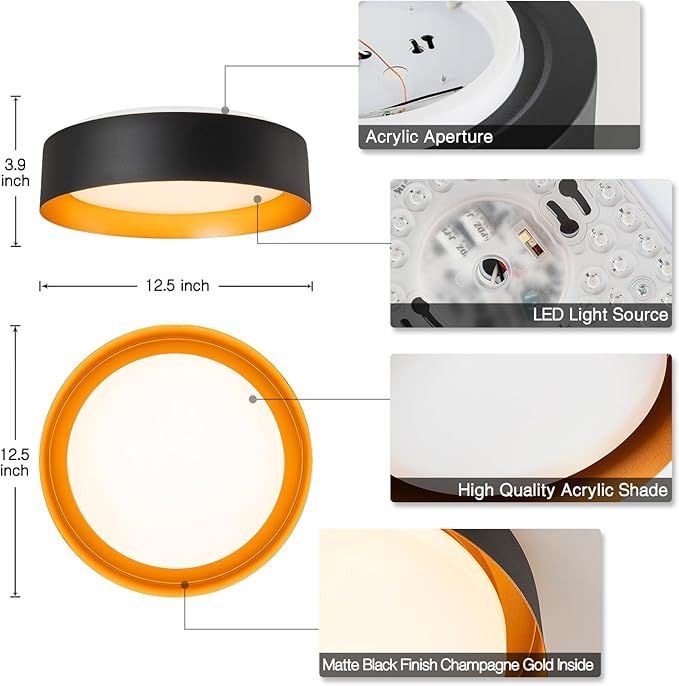 Bargeni Flush Mount Ceiling Light,12.5 inch LED Ceiling Light with Night Light,Matte Black with Gold Inside,24W/2700K/3000K/4000K/5000K/6000K/5CCT Selectable,Light Fixtures Ceiling Mount for Bedroom