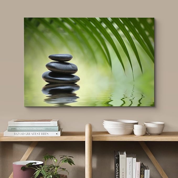 wall26 Canvas Print Wall Art Black Rocks on Seren Green Tropical Lake Floral Nature Photography Realism Bohemian Scenic Relax/Calm Cool for Living Room, Bedroom, Office - 16"x24"