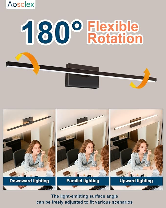 Aosclex 32 Inch Wall-Mounted Bathroom Lighting Fixtures, 180° Rotatable, 24W 2160LM, 5CCT Adjustable (2700K–6000K), Dimmable LED Light Fixture, Black Modern Bathroom Vanity Light, ETL Certificated
