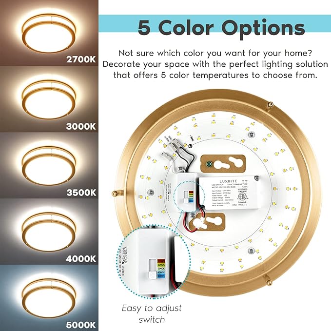 LUXRITE 14 Inch LED Flush Mount Ceiling Light, 5 Color Selectable 2700K | 3000K | 3500K | 4000K | 5000K, Dimmable Ceiling Light Fixture, 18W, 1440 Lumens, Energy Star, ETL Listed, Brushed Brass