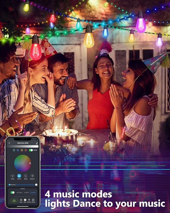 Flacchi Smart Outdoor Patio Lights - 46ft Smart S14 Christmas String Lights, Waterproof Shatterproof Bluetooth APP Remote Control Dimmable for Balcony, Backyard, Party, Holiday (RGB & Warm White)