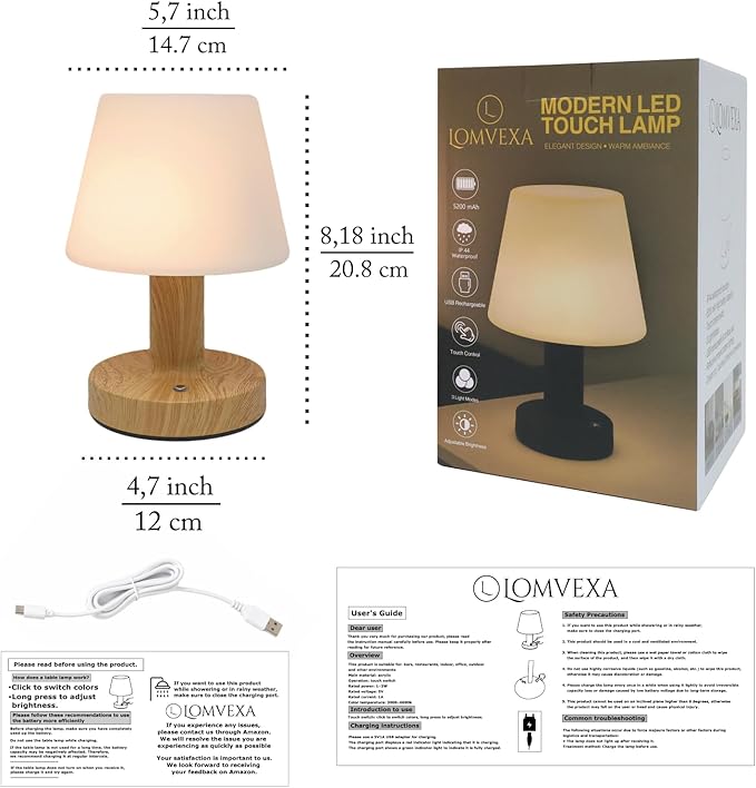Cordless Table Lamp, Rechargeable Table Lamp, Waterproof Shower Lamp, 5200mAh Small Lamps, 3-Color Dimmable Touch Light, Portable Outdoor and indoor table lamp, Bedside night light (Natural Wood)