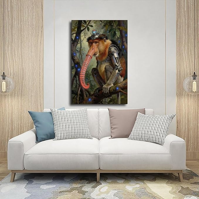 Framed Steampunk Mechanical Proboscis Monkey Wall Art - Jungle Neon Retro Poster for Apartment Leisure Area Decor 20x30inch(50x75cm)