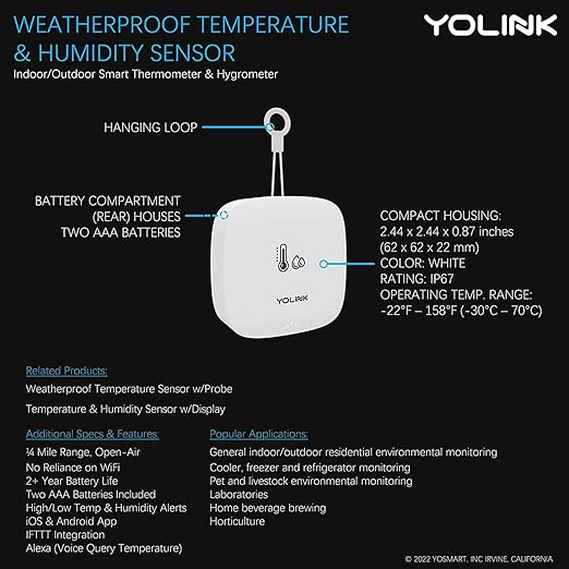YoLink Smart Outdoor Temperature & Humidity Sensor, Hygrometer, Thermometer, 1000' Long Range, 2+ Years Battery Life, App Alerts, Text/SMS, Email Alerts, Alexa, IFTTT Integration. Hub Included!