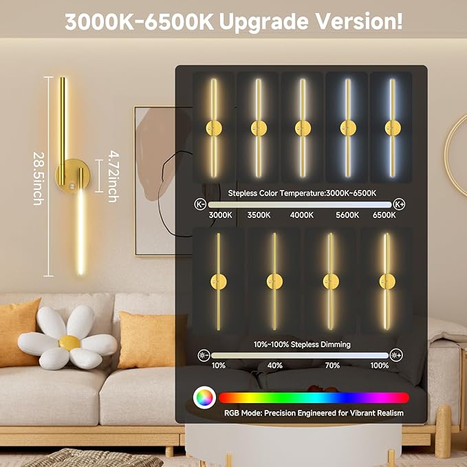 Wall Sconces with Remote,Rechargeable Battery Operated,Wireless Magnetic Wall Lights with RGB Colors&Dimmable,Wall Decor for TV/Mirror,Bedroom,Staircase Gold