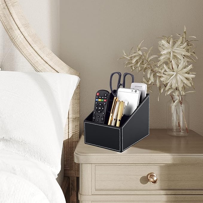 Fashionable PU Leather TV Remote Control Holder with 3 Compartments, Storage Rack, Storage Box, Media Accessory Storage, Desk Organizers (black)