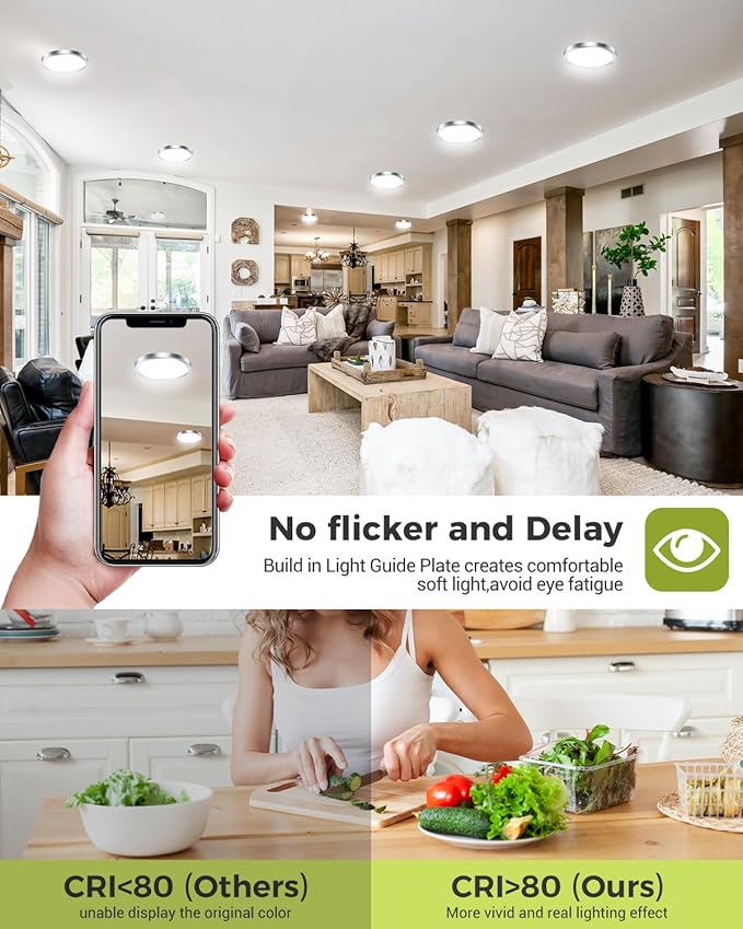 6PACK LED Flush Mount Ceiling Light, 3CCT Selectable 3000K-4000K-6500K & 100W Equivalent Modern Kitchen Recessed Ceiling Lamp 15W 1500Lm 7.5 Inch for Bathroom Closet Laundry Bedroom