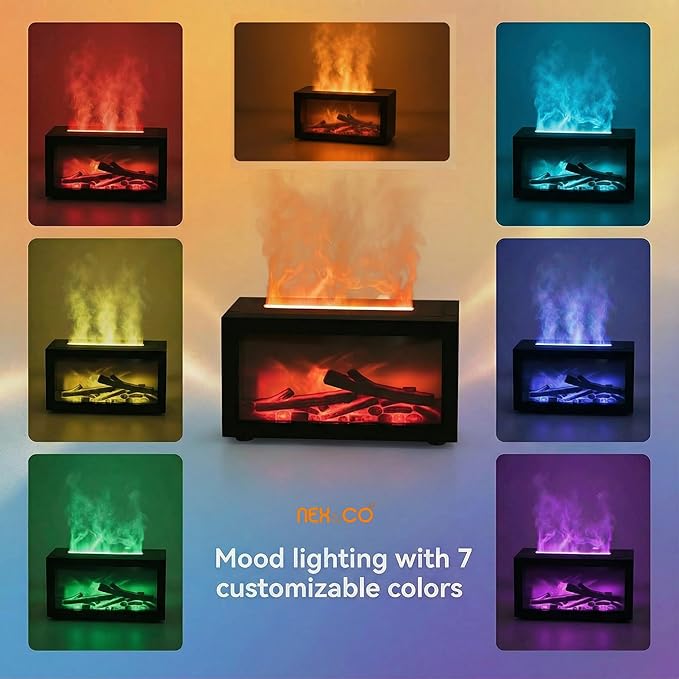 NEX&CO Colorful Flame Fireplace Aroma Diffuser for Essential Oils, Mini Essential Oils Diffuser with 3D Dynamic Effect 7-Color Changing Led, Auto Shut-Off, 3H Timer for Home, Yoga & Anxiety Relief