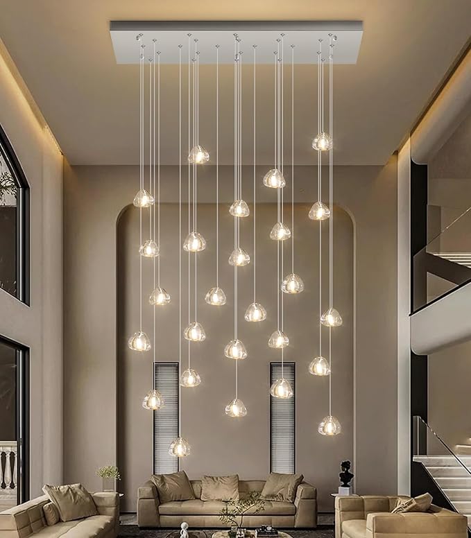LED Rectangular Glam Chandeliers for Living Room Dining Room Light Dimmable High Ceiling Pendant Lights Fixtures Lighting 26-Lights Foyer Entryway Lighting Brushed Nickel